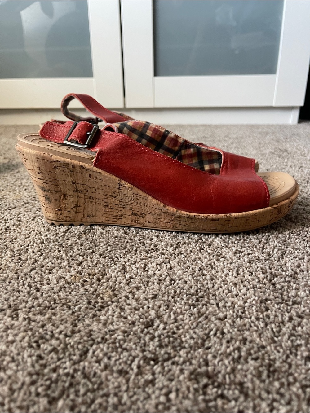 CROCS Red Leather Cork Wedge Slingback Sandal